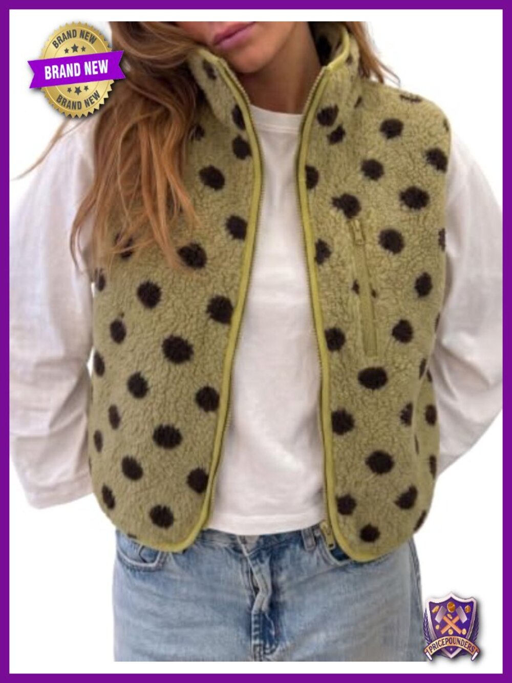 Women's Polka Dot Sherpa Fleece Vest Stand Collar Zip Pockets